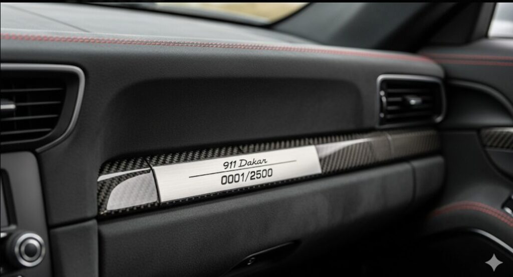 ポルシェ911ダカールのダッシュボードに埋め込まれた、「0001/2500」と刻印された限定生産モデルであることを示すアルミ製プレートの接写。
