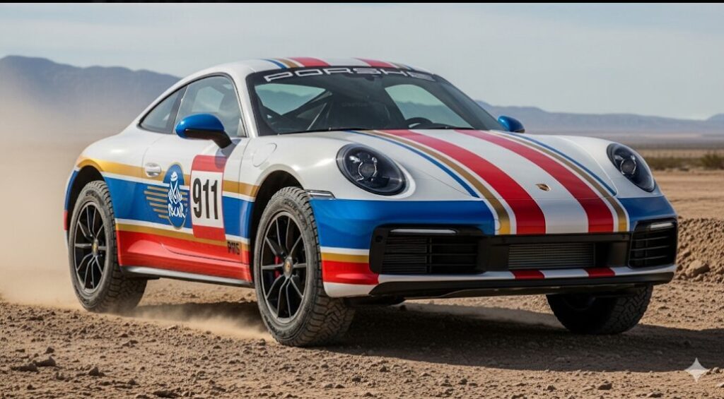 ラリーデザインパッケージを装着したポルシェ911ダカール。ホワイトとブルーのツートンカラーに赤と金のストライプが入った象徴的なデザイン。