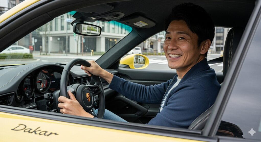 街中を快適に運転している様子の日本人男性ドライバー。車内から見た、リラックスして楽しんでいる表情を捉えた写真。
