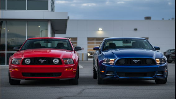 マスタング5代目の前期型と後期型が並んで駐車している様子。前期型は直線的で角張ったノスタルジックなデザイン、後期型はよりシャープで筋肉質なデザインが対比されている。