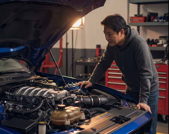 フォード・マスタング5代目のボンネットを開け、V8エンジンを誇らしげに眺めている日本人男性の様子。エンジンのディテールが鮮明に写し出されており、パワフルな印象を与えている。