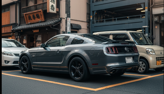 日本の一般的な道路の車線に停まっているフォード・マスタング5代目を後方から見た様子。車のサイズ感が日本の道路でどのように見えるかを表現しており、都会的な背景と融合している。