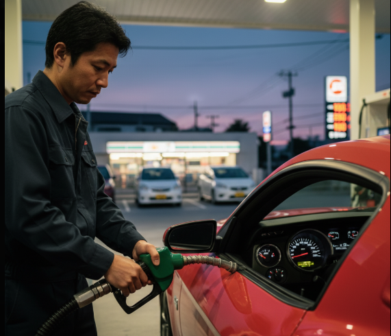 ガソリンスタンドで、マスタング5代目に給油している日本人男性の様子。給油ノズルと燃料計のディテールがクローズアップされており、燃料費を意識させる構図。