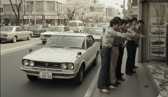 1970年代の日本の街並みを背景に、自動車のショールームを興味深そうに見つめる若者たち。当時のマイカーブームと自動車への関心の高まりを表現。