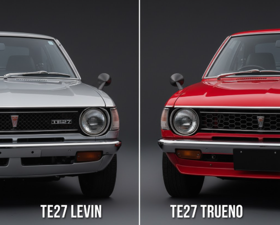 TE27レビン（左）とTE27トレノ（右）のフロント部分を並べて比較。グリル、ヘッドライトベゼル、エンブレムの差異を明確に示し、両車の外観上の見分け方を強調。