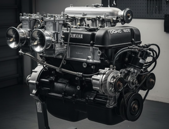 精密に整備されたトヨタ2T-G型エンジン。DOHCヘッドとツインキャブレターが特徴で、TE27の高性能を支えた伝説の心臓部を鮮明に描写。