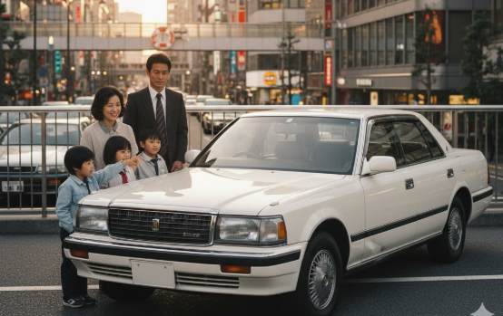 1980年代の日本の都市景観を背景に、ピカピカの白いトヨタ・クラウンの横に立つ、幸せそうな日本の家族。父親はスーツ、母親はカジュアルな服装で、二人の子供が車を指差しており、「いつかはクラウン」という憧れの雰囲気を表現している。