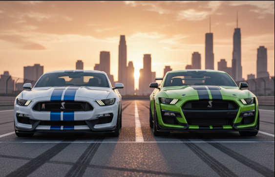 都市のスカイラインを背景に、白のフォード・マスタングGT350と緑のシェルビーGT500が並んで駐車されている様子。