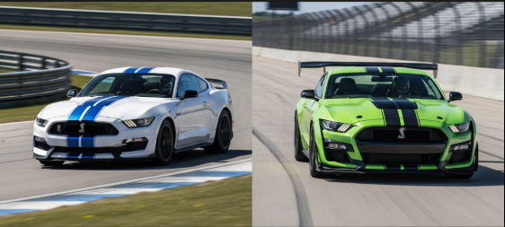 白いGT350がコーナーを曲がる様子（左）と、緑のGT500がトラックを走行する様子（右）を並べて比較。