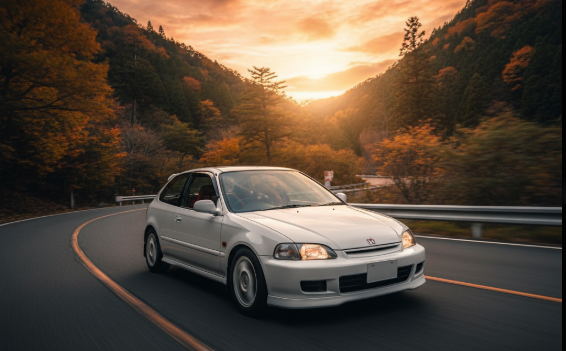 峠道を疾走する初代シビックタイプR EK9。軽量ボディとNAエンジンのピュアな走りを象徴する一枚。