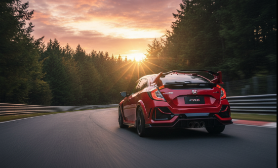 ニュルブルクリンクを走行する6代目シビックタイプR FK8。巨大なリアウィングとアグレッシブな空力デザインがFF最速の性能を物語る。

