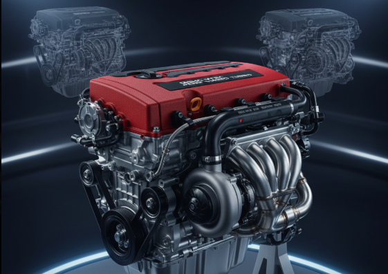 赤く塗装されたヘッドカバーが象徴的なホンダVTECエンジン。タイプRの心臓部である高性能ユニットの精密さが伝わる。