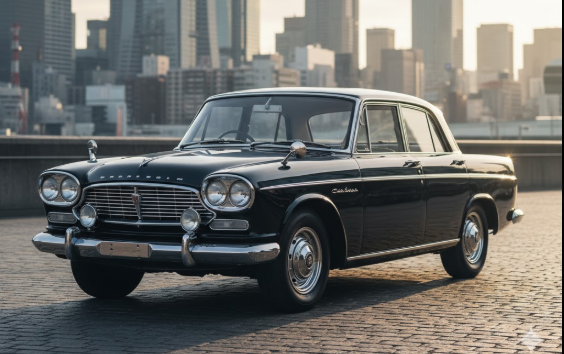 1960年代の日産セドリックと、日本の高層ビル群を背景にした現代的な街並み。セドリックの歴史的な高級感を象徴しています。
