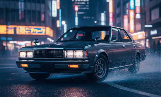 1980年代の直線的なデザインが特徴的な日産セドリック430ターボ。疾走感のある夜の街並みで、その革新的なターボエンジンのインパクトを表現しています。