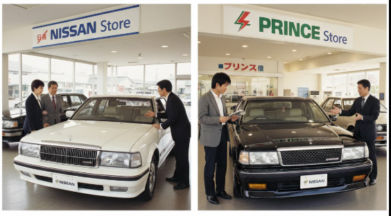 1990年代の日産自動車販売店で、左側は日産店で白いセドリックを、右側はプリンス店で黒いグロリアを見ている日本人男性の様子。