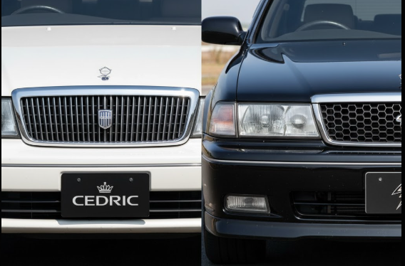 日産のセドリックとグロリアのフロントグリルの比較。セドリックは縦型格子グリルと王冠エンブレム、グロリアはハニカムグリルと鶴エンブレムが特徴的。