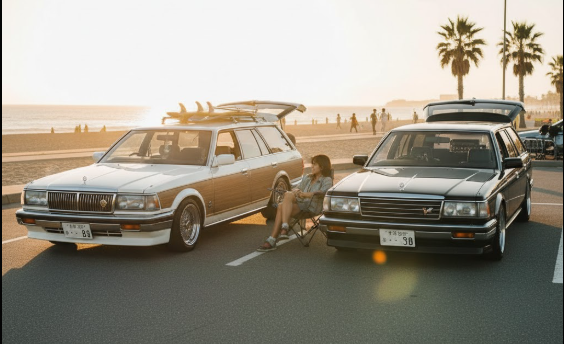 ビーチ沿いの駐車場に停められた白いY30型セドリックワゴンと黒いY30型グロリアワゴン。サーフボードを積んだ白いワゴンと、トランクを開けてリラックスしている日本人女性が写っている。