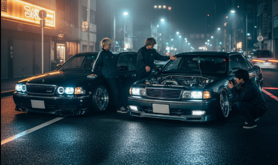 ネオン街の夜の道路で、2台のカスタムされたY32/Y33型グロリアグランツーリスモと、それらを囲む若者たち。エンジンフードを開けて談笑する姿や、写真を撮る様子が写っている