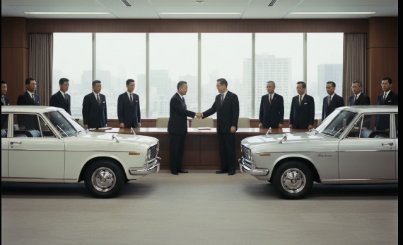 1966年の日産とプリンス自動車の合併を象徴する、2社の役員たちがセドリックとグロリアの間に立って握手をしている歴史的な一枚。