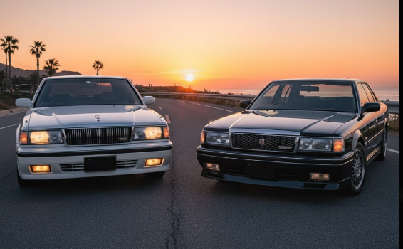 夕暮れの海沿いの道路に並んで駐車された白のセドリックと黒のグロリア。