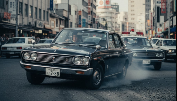 1970年代の刑事ドラマを彷彿とさせる、東京の街中での激しいカーチェイスシーンを演じる日産セドリック230の捜査車両。