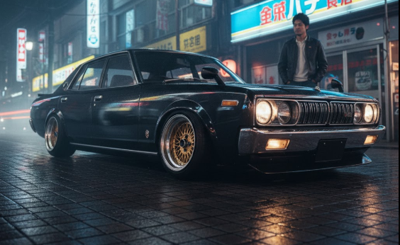 1970年代の日本を象徴する夜の街並みに停まる、シャコタンカスタムされた330型セドリック。金色の深リムホイールが特徴的で、オーナーの日本人男性が横に立っている。