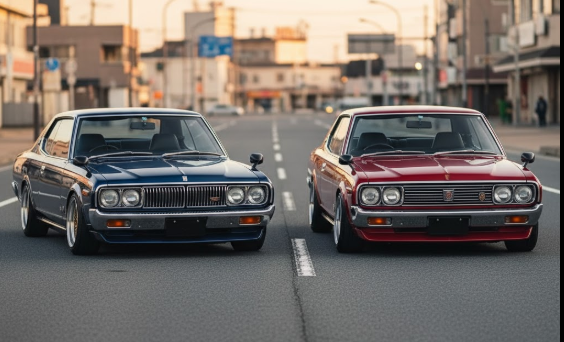 街中の道路で向かい合うように並ぶ、紺色の330型セドリック2ドアハードトップと赤色の330型グロリア2ドアハードトップ。フロントグリルやエンブレムの違いが分かる。