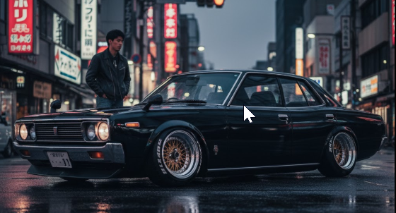 濡れた路面の日本の夜の街に停まる黒いシャコタン330型セドリック。金色のメッシュ深リムホイールと「ヒッパリタイヤ」が特徴的で、オーナーの日本人男性が車体の横に立っている。