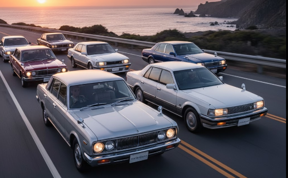 夕暮れ時の海岸線を走る、歴代の日産グロリアの車列。手前から古いモデル、奥に行くにつれて新しいモデルが並び、その進化の歴史を象徴している。