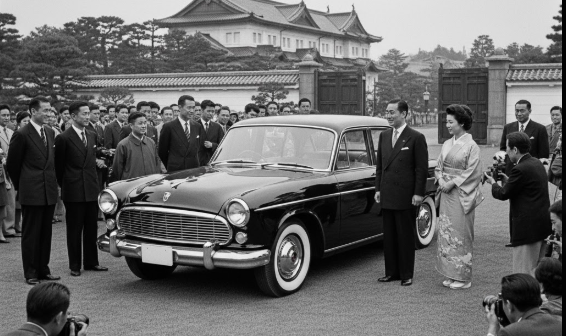 1959年、皇室への献上を祝う式典で、初代プリンスグロリア(BLSI型)が披露されている歴史的な瞬間。和装と洋装の人々が車を取り囲み、日本の宮殿を背景に、車の高貴な出自を強調する。
