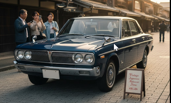日本の伝統的な街並みに溶け込むように停められた、濃紺の3代目縦目グロリア(A30型)。その独特のフロントデザインが夕日に照らされ、クラシックカーイベントの雰囲気を醸し出している。