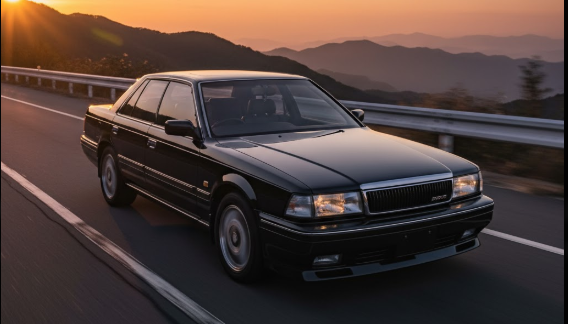 夕焼けの山道を駆け抜ける黒い日産グロリアY31グランツーリスモ。低い車高と精悍なフロントグリルが、スポーティな高級感を際立たせている。