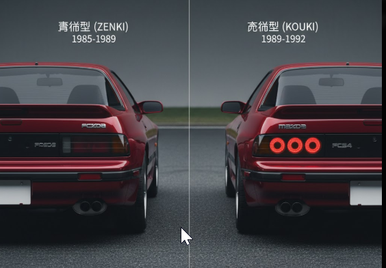 マツダFC3SサバンナRX-7の前期型(横長テール)と後期型(丸型4灯テール)のリアビュー比較