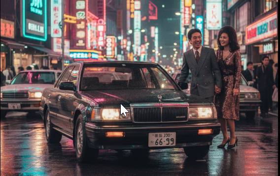 バブル景気の華やかさを象徴する、夜のネオン街に佇む日産セドリックY31グランツーリスモ。その時代を代表する高級車の雰囲気を表しています。