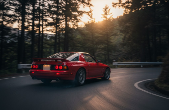 峠道を走行するマツダFC3SサバンナRX-7後期型(205PSモデル)の動的なシーン
