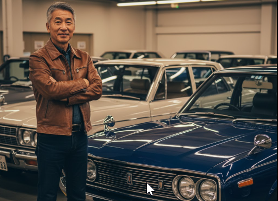 完璧にレストアされたクラシックな日産セドリックを、誇らしげに見つめる熟年の日本人男性。旧車オーナーの情熱と喜びを表現しています。