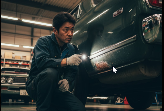 日本人の整備士が懐中電灯を使い、クラシックなセドリックの車体の下部を入念に点検している様子。旧車購入時の錆チェックの重要性を強調しています。