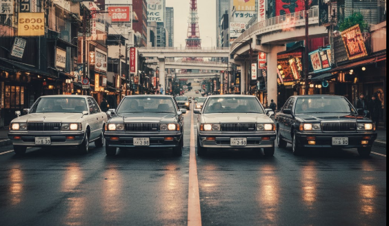 時代を象徴する様々な世代の日産セドリックが、日本の都市の風景を背景に一列に並んでいる様子。記事のタイトル「セドリック歴代の人気モデルを徹底解説!」に合致する、歴史と進化を表現した画像です。