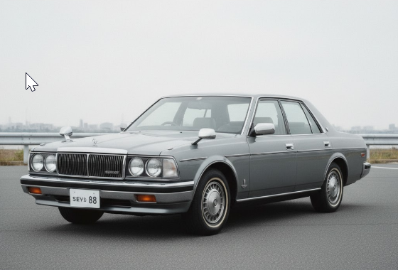 晴れた日の都市郊外の開けた道路に駐車された、美しく維持されたシルバーの日産セドリック。その洗練されたデザインと高級感を強調したアイキャッチ画像です。