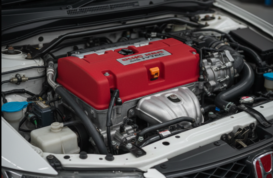 ボンネットを開けたシビックタイプR FD2のエンジンルーム。赤いヘッドカバーのK20A型エンジンが鮮やかに写っている。