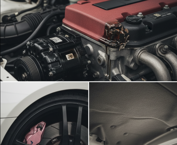 FD2のよくある故障箇所を複数枚の画像で示したコラージュ。上段はオイル漏れしているエンジン、左下はピンクに変色したブレンボキャリパー、右下は垂れ下がった天張りのクローズアップ。