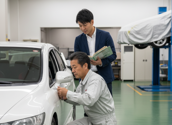 自動車整備工場で、メカニックが白いFD2のボディを点検し、営業担当者が書類を持って説明している。