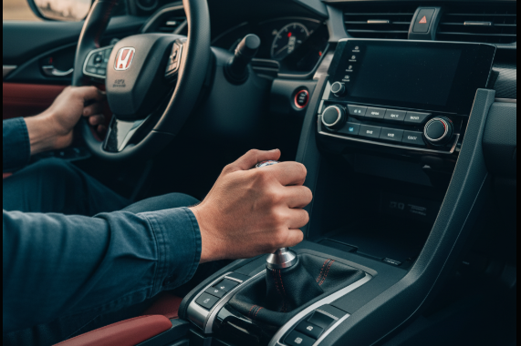 運転席からの視点で、日本人の男性がマニュアルトランスミッションのシフトノブを操作する手元のクローズアップ画像。
