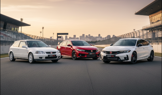 歴代のホンダ シビック タイプR（EK9、FD2、FL5）が並べられた、進化の歴史を象徴する比較画像。