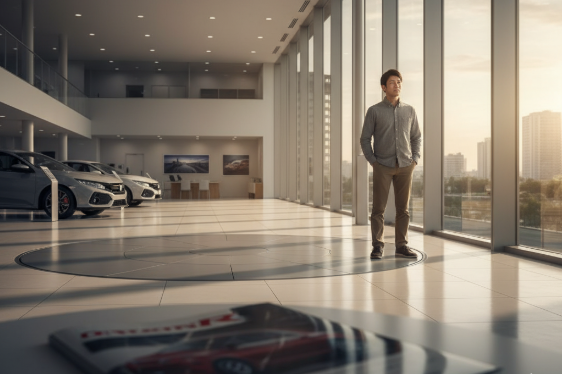 新型車が展示されていない日本の自動車ディーラーで、窓の外を眺める日本人の男性。