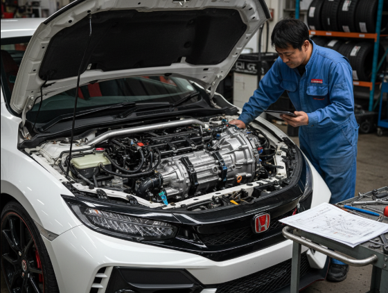 エンジンフードが開けられ、複雑な内部構造が露出したホンダ シビック タイプRの画像。