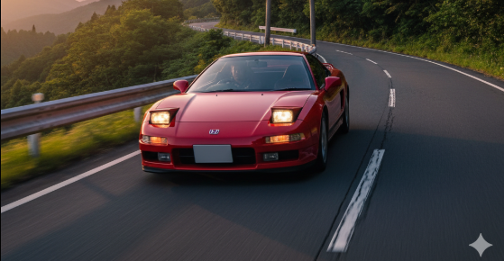 伝説のホンダNSX（NA2）が日本の美しい山道を駆け抜ける、夕暮れの風景。