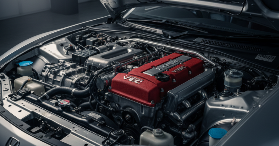 NSX NA2のエンジンルーム。3.2LのC32B型V6 VTECエンジンが中央に鎮座し、洗練された技術と美しさを感じさせる。