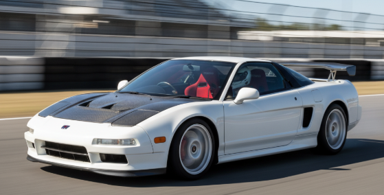 ホンダNSX-R（02R）がサーキットを走行している様子。カーボンファイバー製のボンネットやリアウィングが特徴的で、レーシーな雰囲気が伝わる。
