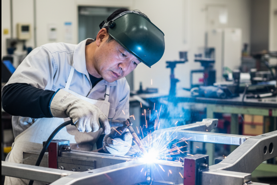 NSXの製造過程で、熟練した日本人職人がオールアルミボディを手作業で溶接している様子。